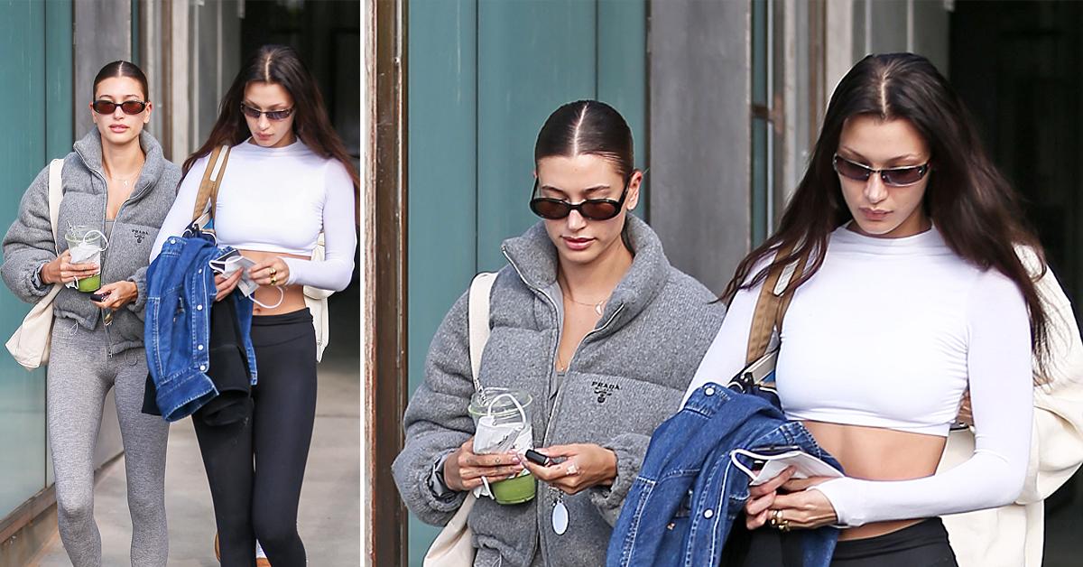 hailey bieber and bella hadid are seen leaving pilates class in los angeles shopping ok