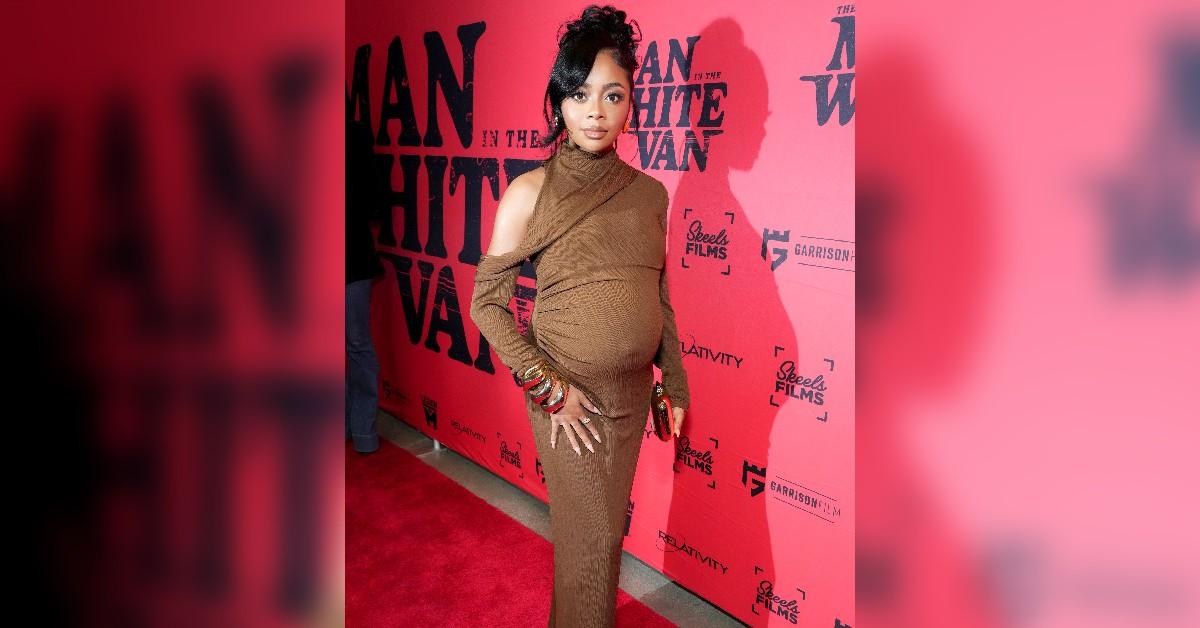 skai jackson shows off baby bump man white van la premiere photos